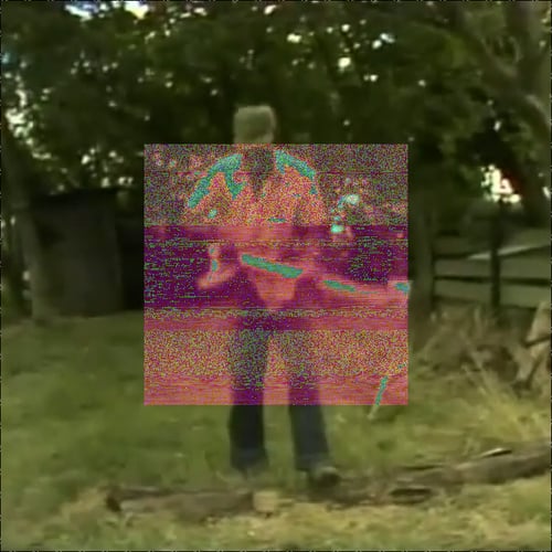 Medium shot of R. L. Burnside, standing over a long log in a yard, holding an axe. The image is VHS-recorded and full of grass and tree green. In the center is a noisey square covering a third of the image. The noise is high contrast magentas and greens.