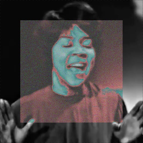 A high angle close up of Mavis Staples in black and white singing on television in the 1960s. Her mouth is open singing, her eyes are closed, and her hands are open facing out at shoulder height. Covering half the image is a centered square noise pattern of reds and teals.