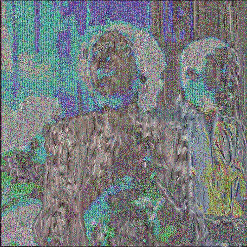 A low angle close up of Janie Hunter and other Moving Star Hall singers, shot on VHS in the 1990s. The image is entirely distorted, reversing the polarity of the image with bright and harsh pops of white, teal, blue, yellow, and red.