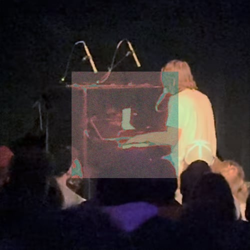 A medium shot of Cameron Winter playing an upright piano on a spotlit stage, facing to the left and away from the audience. He is wearing a white T-shirt, there are two directional microphones hovering above the piano like antennae, facing down. The back of the heads of many audience members are at the base of the image. A centered distortion square covers two thirds of the image increasing the presence of reds on the primarily blue and white image.