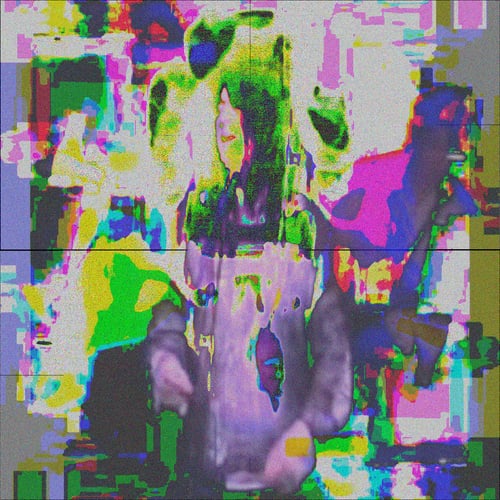 Medium-long shot high angle of Anohni Hegarty singing on stage. Blobs and splotches of white yellow magenta lime and blue distort the entire image.