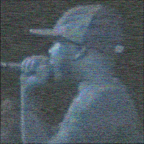A blue lofi closeup of J Dilla speaking into a microphone, looking to the left, wearing a ballcap in a live stage setting a centered, square colorful noise pattern covers the entire image.
