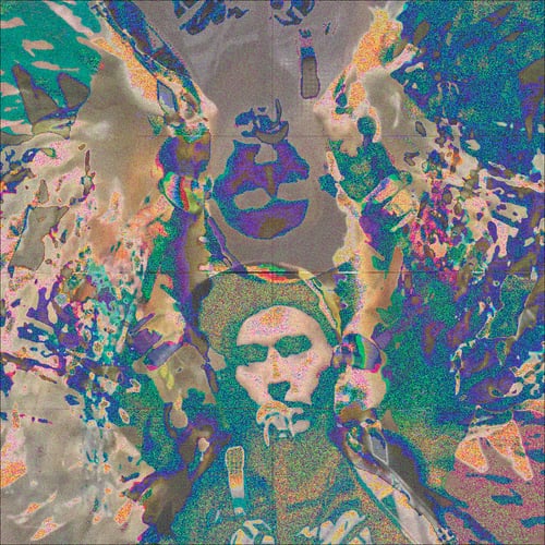 A mosaic image of vibrant splotches of whites, blues, and purples. Sufjan Stevens' head is at the bottom center wearing a cap and singing into a microphone and his arms are in the air bent inward above his head wearing angel wings. The pixel distortion is mirroring shapes from the original photo in other areas of the image including an upside down reversed ghostlike head above his face.